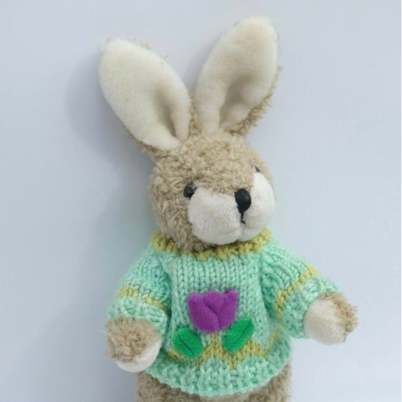Vintage HugFun 1999 Plush Bunny Rabbit&Cow 10" Doll Flower Knitted Teal Sweater - Picture 10 of 10